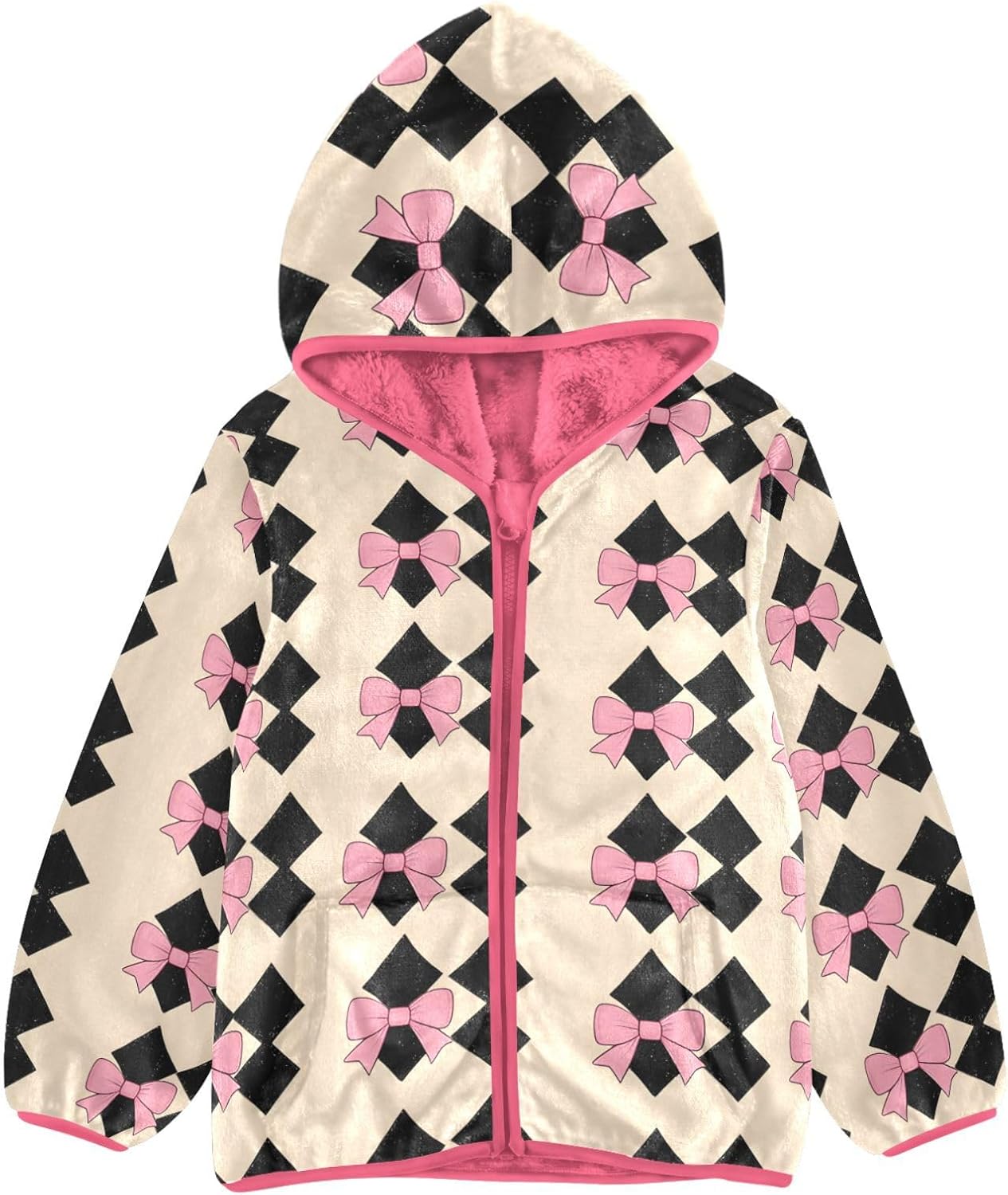 Girls Hoodie Outfit Black Pink Color Bow Beige Zipper Sweatshirt Coat Fleece Jacket for Kids 3-10T