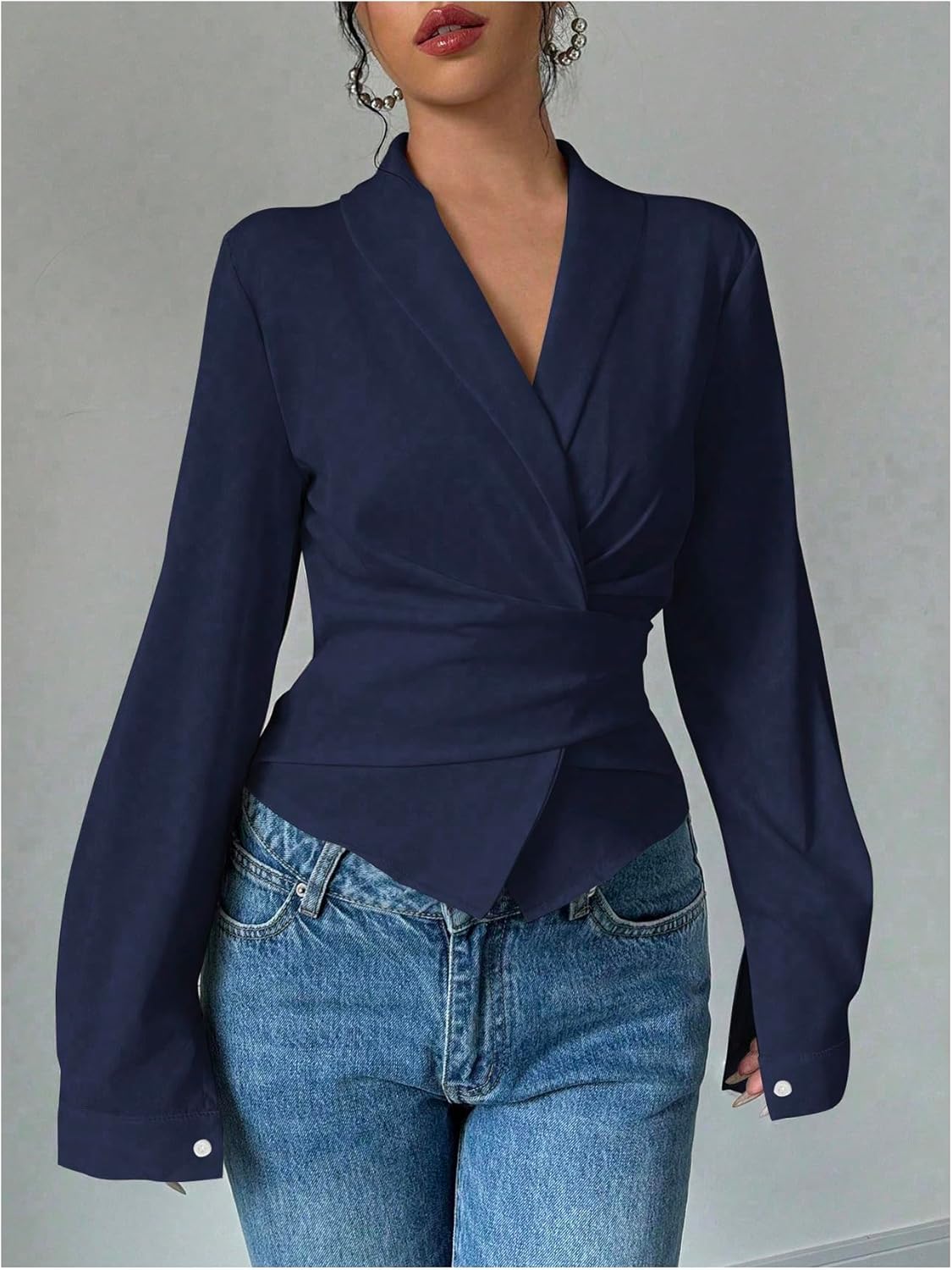 MakeMeChic Women's Wrap Blouse V Neck Long Sleeve Dressy Casual Bowknot Ruched Business Shirts - Image 5