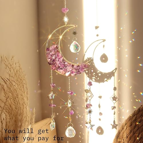 Miniatura 7 de Atrapasoles de cristales de amatista, atrapasoles de luna colgante con prismas de vidrio para ventanas, decoración de cristal de amatista curativa