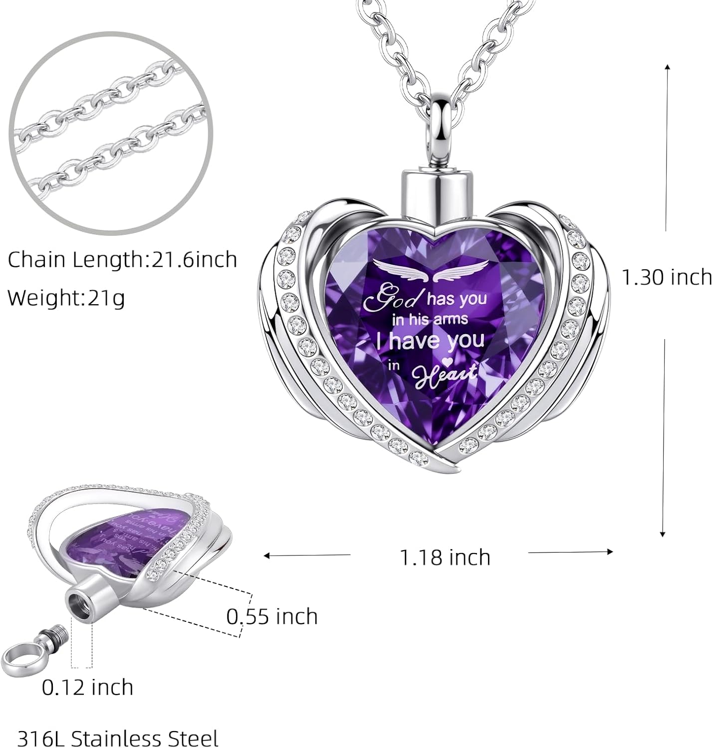 Cremation Jewelry Angel Wing Heart Urn Pendant Necklaces for Women Crystal Heart Urn Necklace with Mini Keepsake Urn Memorial Ash Jewelry - Image 2
