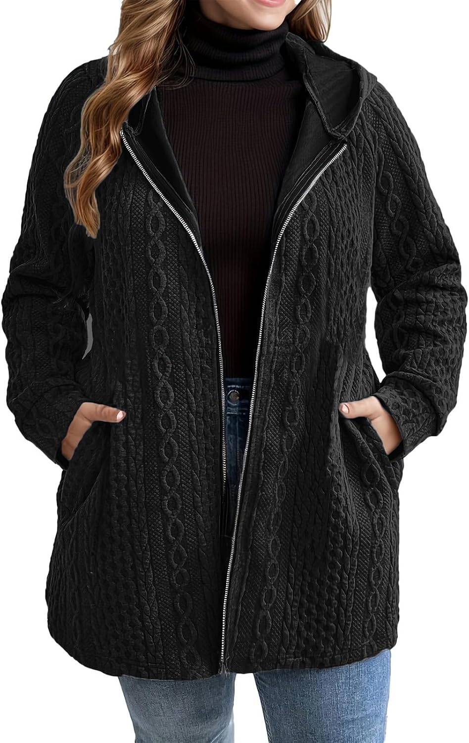 Womens Fleece Zip Up Jacket with Pockets Oversized Long Sherpa Hoodie Fuzzy Jackets Warm Teddy Coat