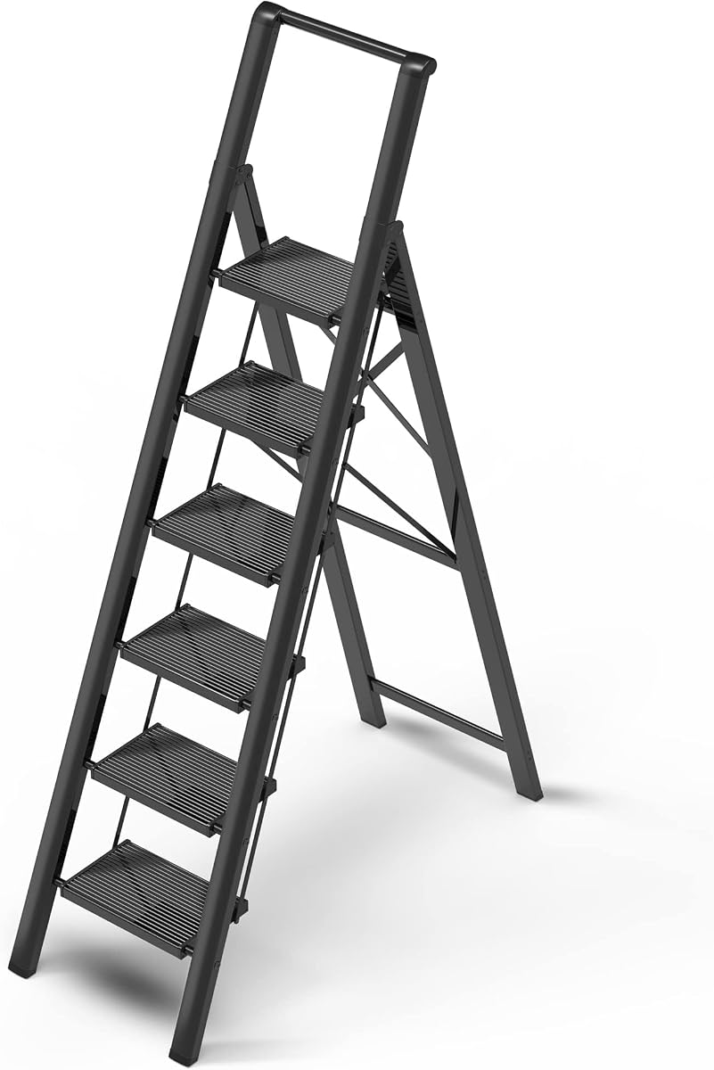 6 Step Ladder, Foldable 6 Step Stool, Black | Reach 12ft; Stepladder with Handgrip, Anti-Slip 7.9'' Pedals, Lightweight Tall Ladder for Home,Kitchen,Closet,300 lb Capacity
