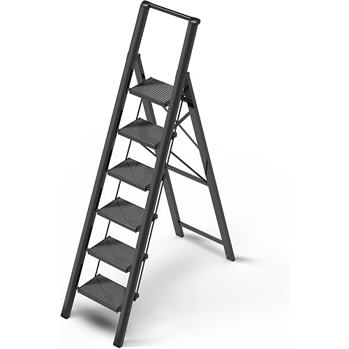 6 Step Ladder, Foldable 6 Step Stool, Black