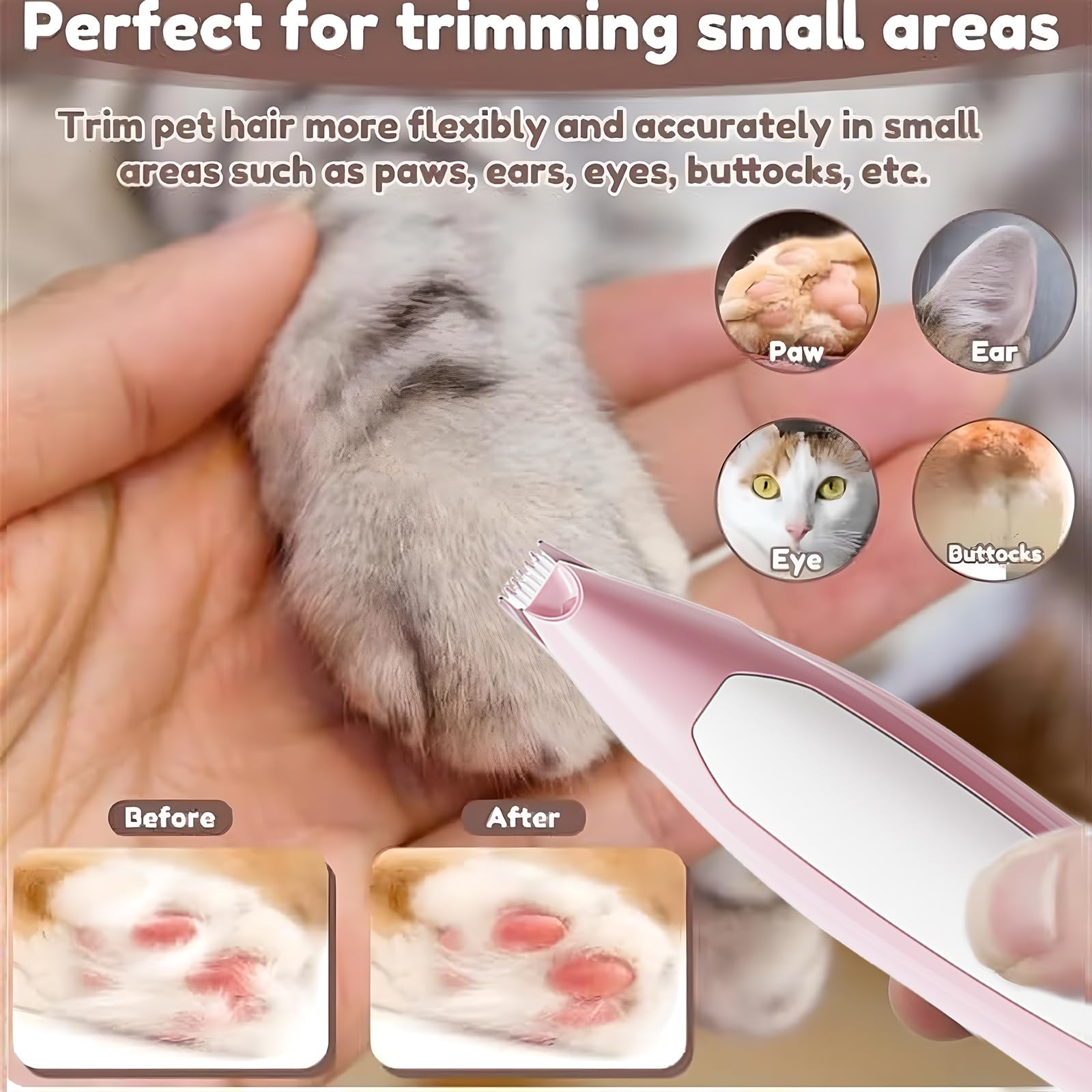 Hundepfoten-Trimmer, Haustier-Fußhaarschneidemaschine mit LED-Licht, wiederaufladbarer geräuscharmer Katzenhaarschneider für die Fellpflege von Tierhaaren um Pfoten, Augen, Ohren, Gesicht, Rumpf