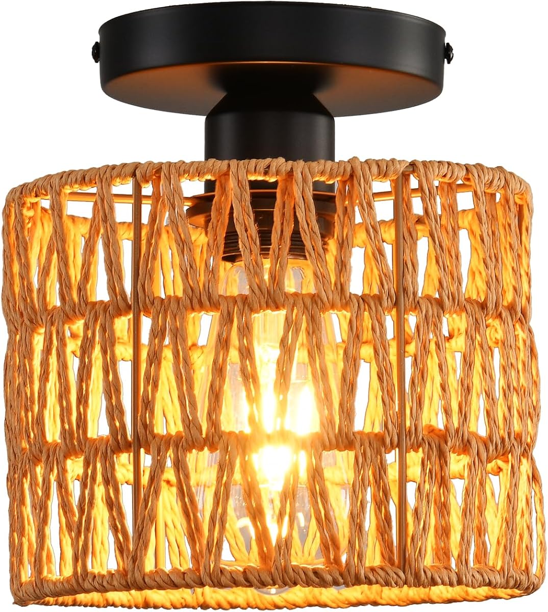 Ceiling Light Fixture,Hand-Woven Rattan Flush Mount Ceiling Light,Farmhouse Light Fixtures Ceiling Mount Boho for Hallway Bedroom Kitchen Entryway Living Room
