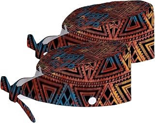 Women Adjustable Working Cap Set 2 with Buttons and Sweatband Watercolor Geometric Ethnic Tribal Motifs Bandage Cap Work Hats Set for Men Caps Tie Back Hats Long Hair
