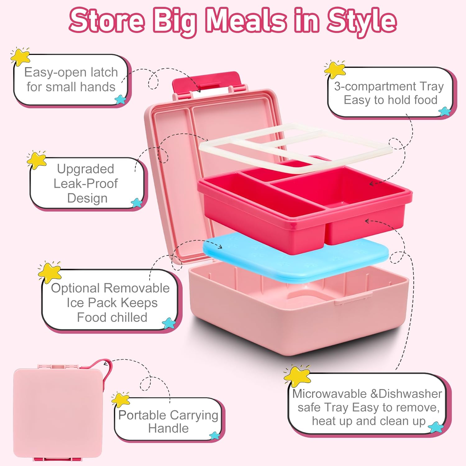 Bento Lunch Box for Kids with 17oz Soup Thermo,Insulated Tumbler Water Bottle and Insulated Lunch Bag,Leak-Proof 3 Compartment Lunch Food Container with Ice Pack for Kids to School-Pink thumbnail