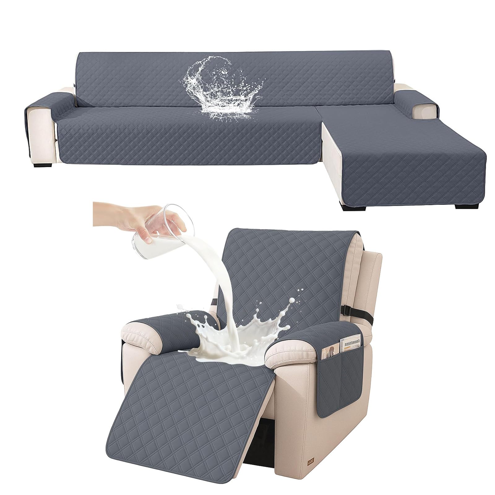 Housse de canapé d'angle 3 places et fauteuil gris foncé YSTELLAA