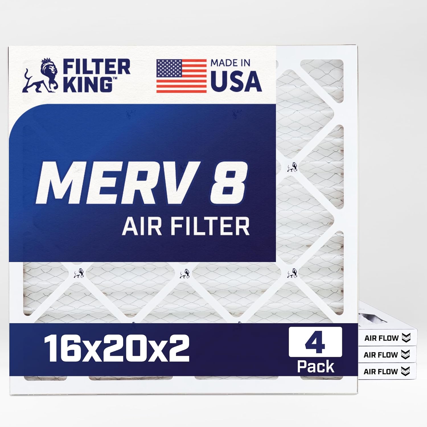 Filter King 16x20x2 Air Filter | 4-PACK | MERV 8 HVAC Pleated A/C Furnace Filters | MADE IN USA | Actual Size: 15.5 x 19.5 x 1.75"