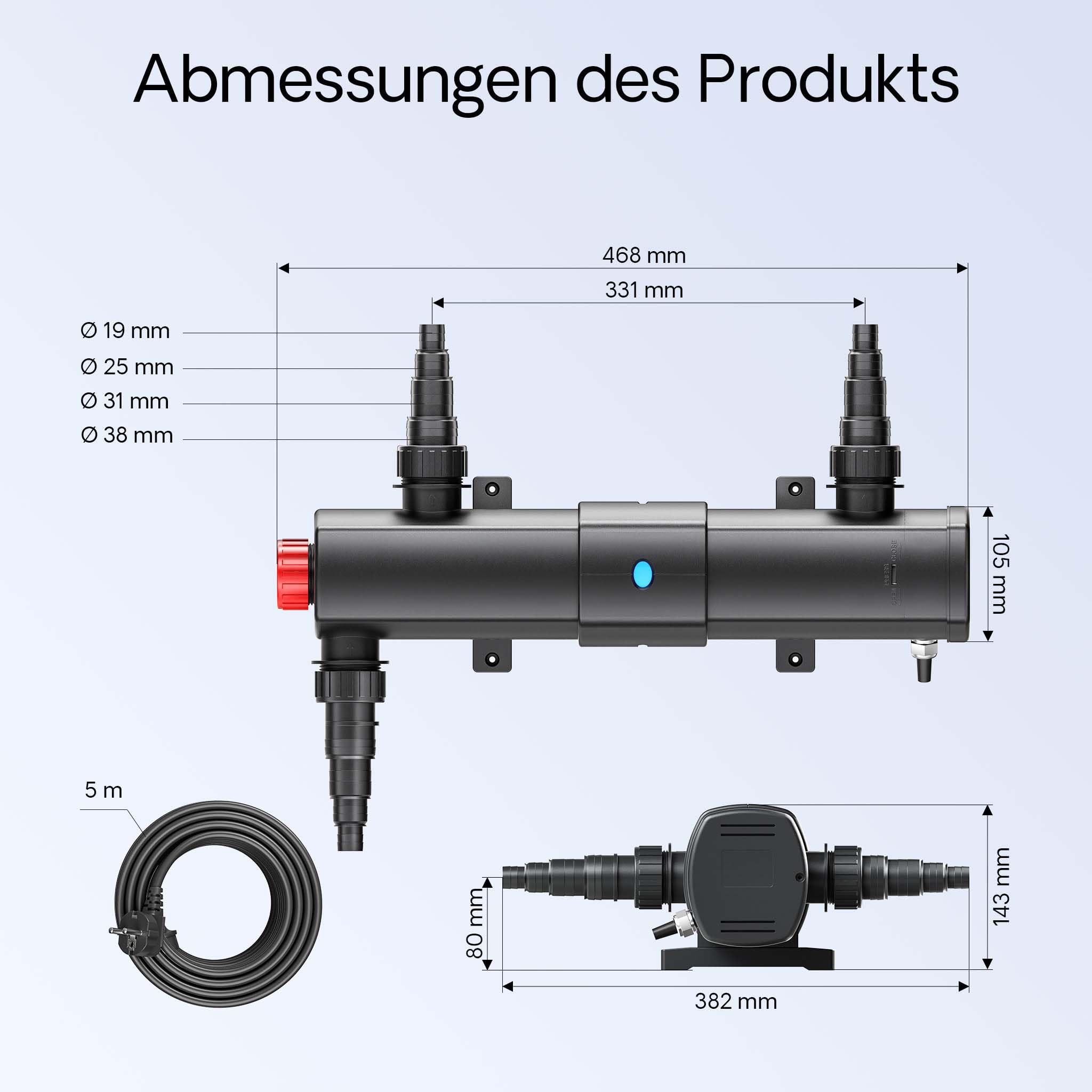 SunSun Komplettset: CBF-350B Teichfilter bis 60000 L Teichfilteranlage Durchlauffilter, NEO10000 Teichpumpe 10000l/h 80W, CUV-236 Teichklärer 36W, 10m Teichschlauch 38 mm, Schlauchschellen W1 44-47mm