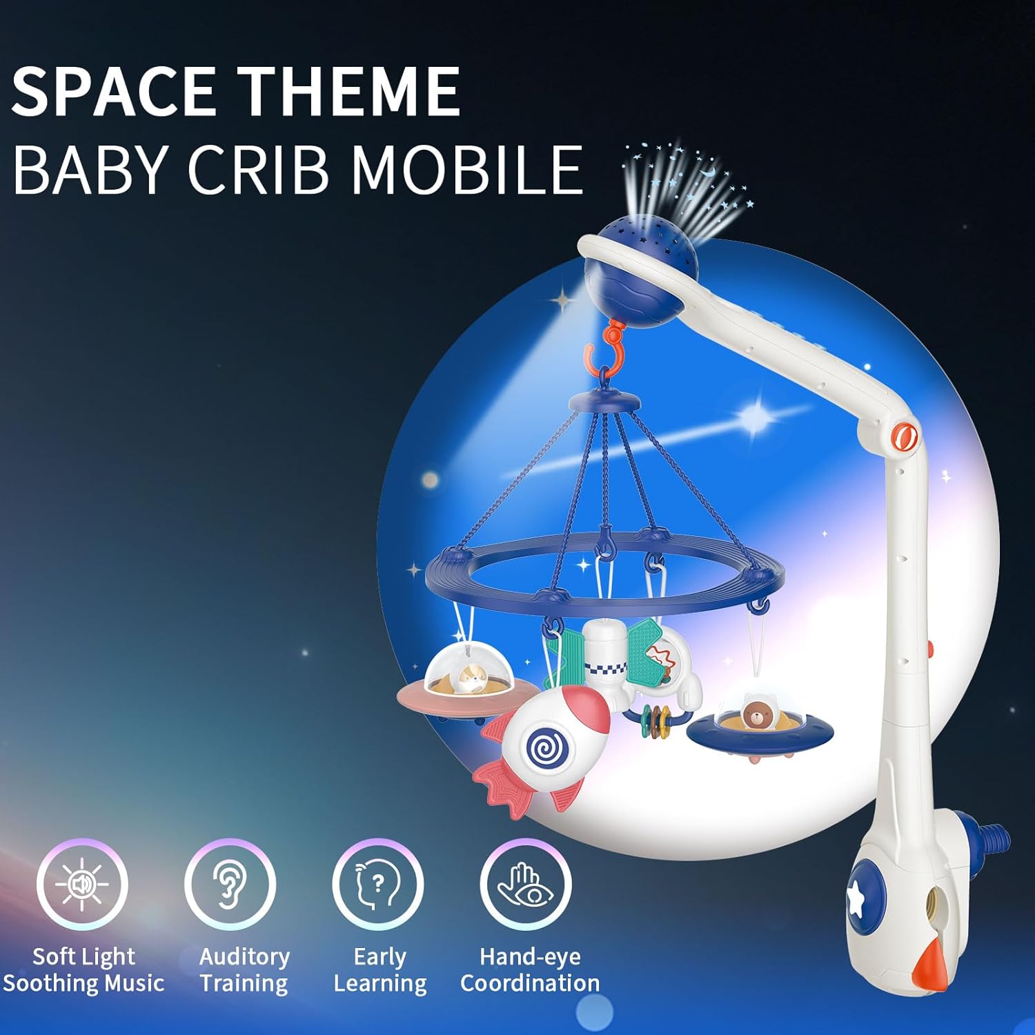 Musical Baby Mobile, Space Themed Nursery Mobile with Light Projection, Rocket and Spaceship Teether Toys, Hanging Toy Mobile for Crib