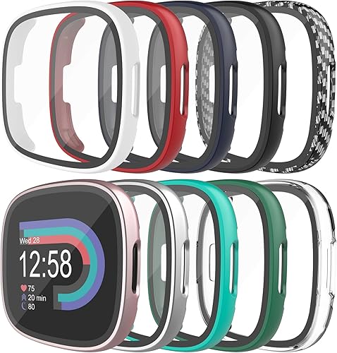 KPYJA Paquete de 10 protectores de pantalla de vidrio templado con carcasa rígida de policarbonato compatible con Fitbit Versa 4Sense 2, pantalla