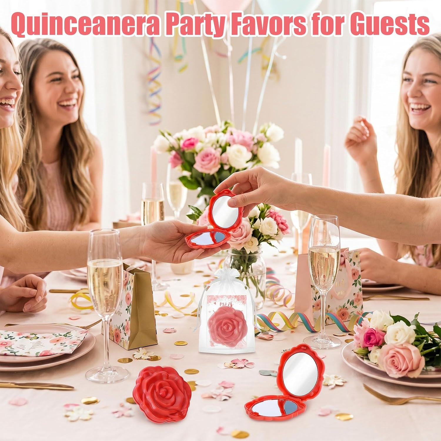 50 Sets Quinceanera Party Favors for Guests Rose Compact Mirror Bulk for 15th Birthday Sweet Souvenir Gifts with Thank You Cards for Wedding Bridal Shower Reception Party