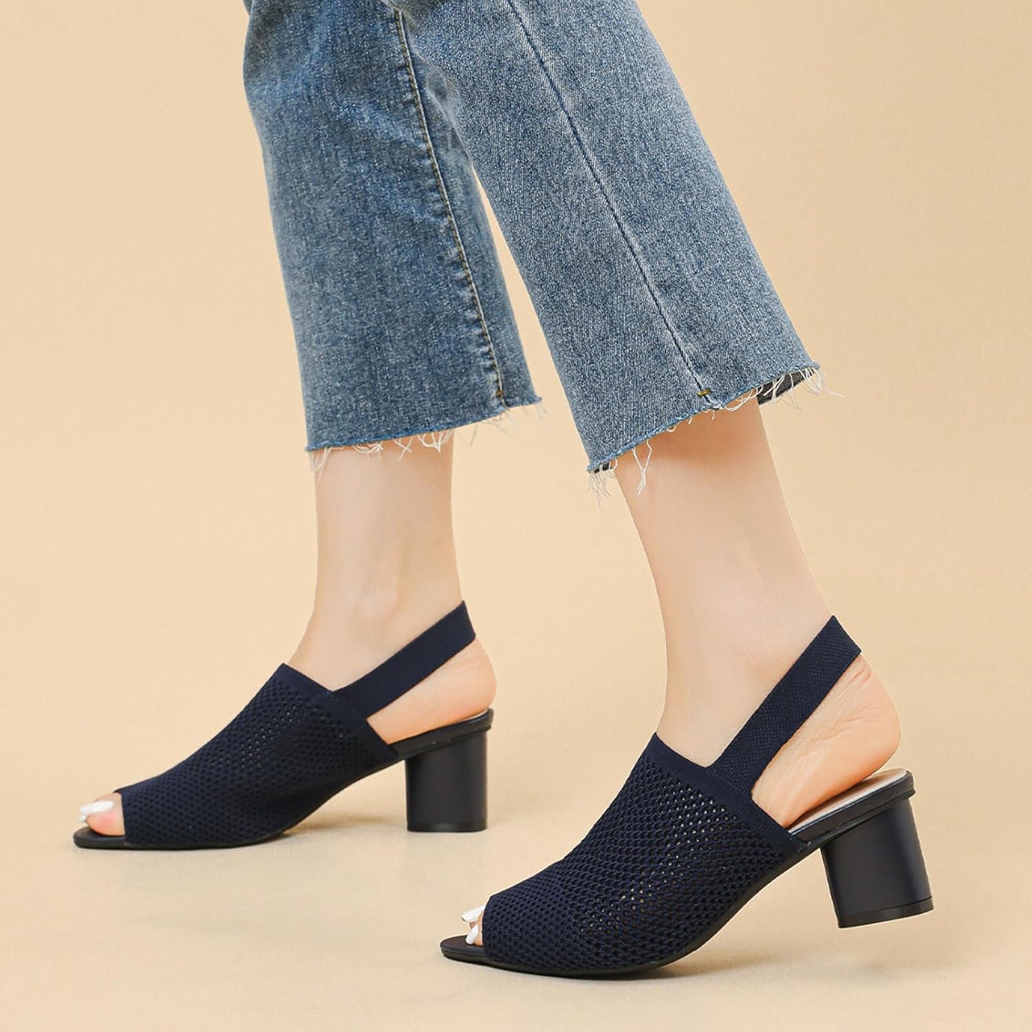 Women's Knit Peep Toe Slingback Chunky Heeled Sandals with Ankle Strap Fashion Open Pointed Toe Cut Out Slip On Backless High Heels Summer Casual Work Office Wedding Dressy Pumps - Image 7