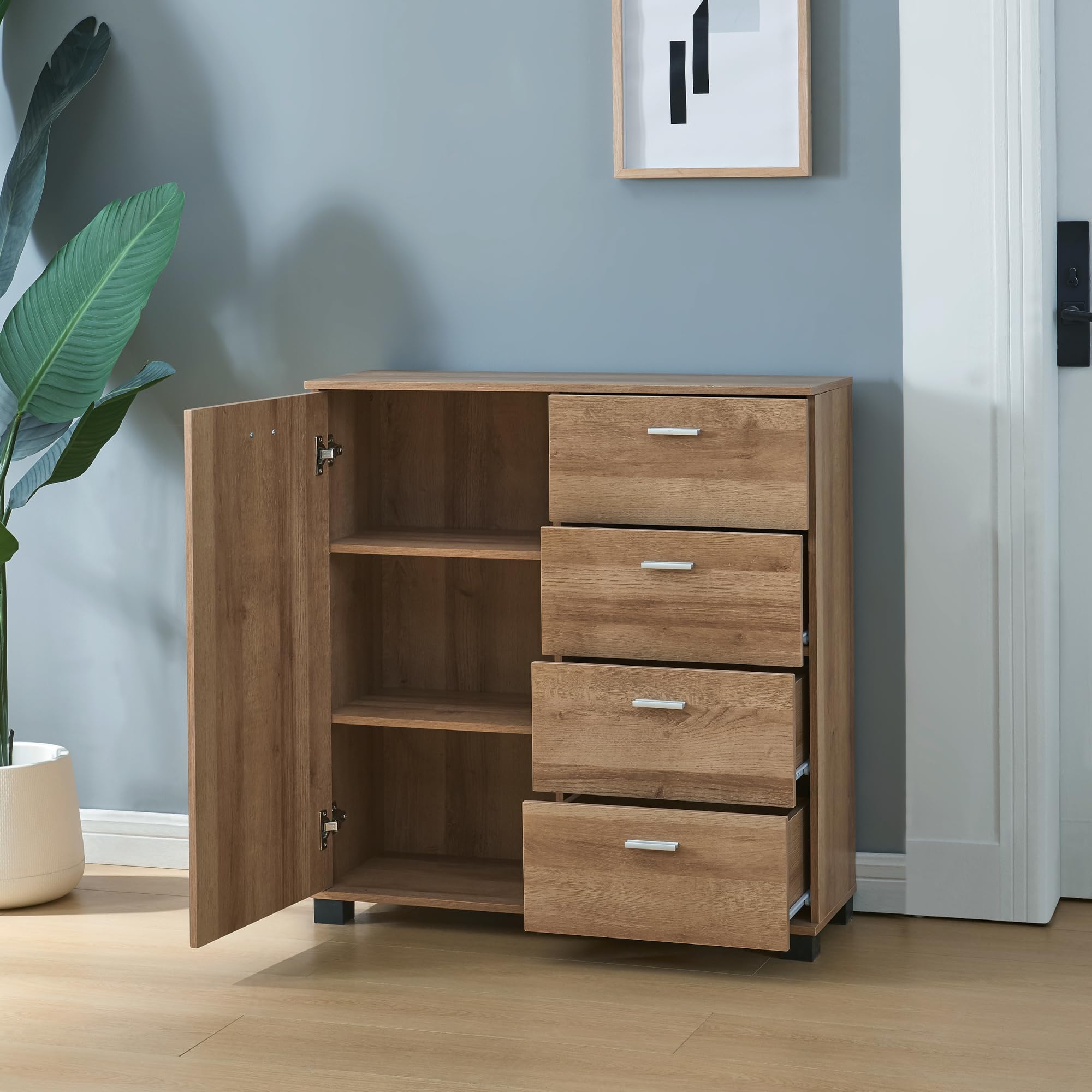 [en.casa] Aparador Döbritz con Puerta 4 Cajones y 2 Estantes Internos Regulables en Altura Armario Zapatero Mueble Zapatero Aglomerado 76 x 80 x 28 cm - Efecto Roble