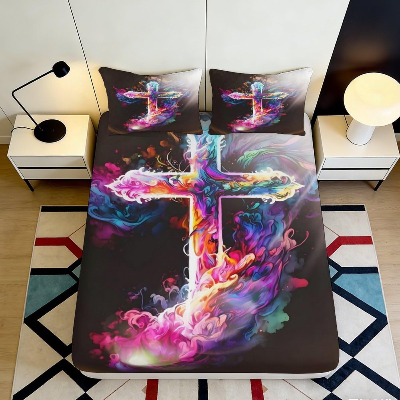 Pnayamiorkfel Style-3 3D Printed Colorful Cross Fitted Sheet Microfiber Bedroom Decor Artistic Smoke Pattern Mattress Cover 90X200x25cm