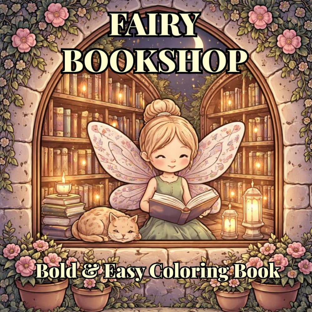 Fairy Bookshop Coloring Book for Adults and Teens: 30 Bold and Easy Enchanted Library Scenes with Magical Fairies, Cottagecore Bookshelves & Reading Nooks