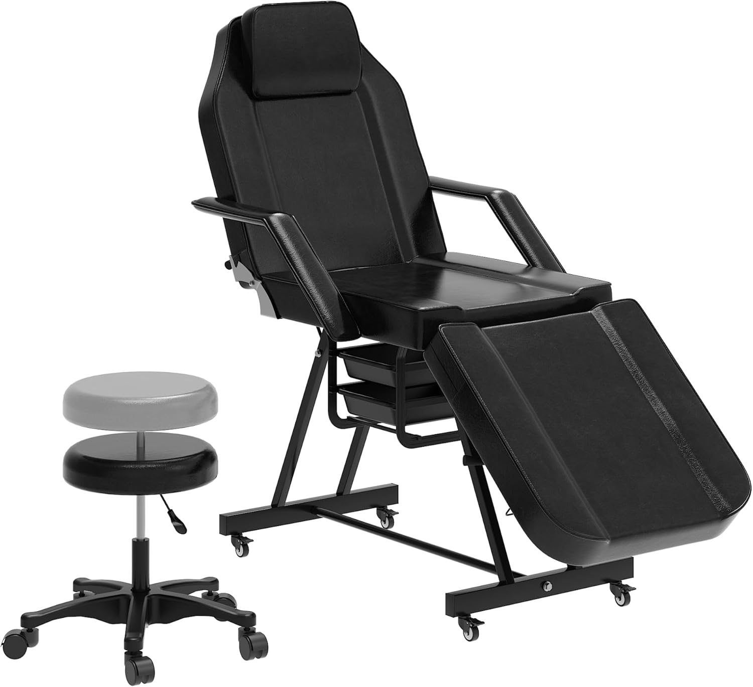 Massage Table Tattoo Chair with Hydraulic Stool, Facial Bed with Wheels, Multi-Purpose Adjustable Spa Bed with Trays,Towel Hanger (Black)