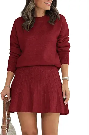  Womens 2 Piece Skirt Sets Pullover Sweaters Pleated Mini Skirt Fall Winter Knit Trendy Sweater Sets