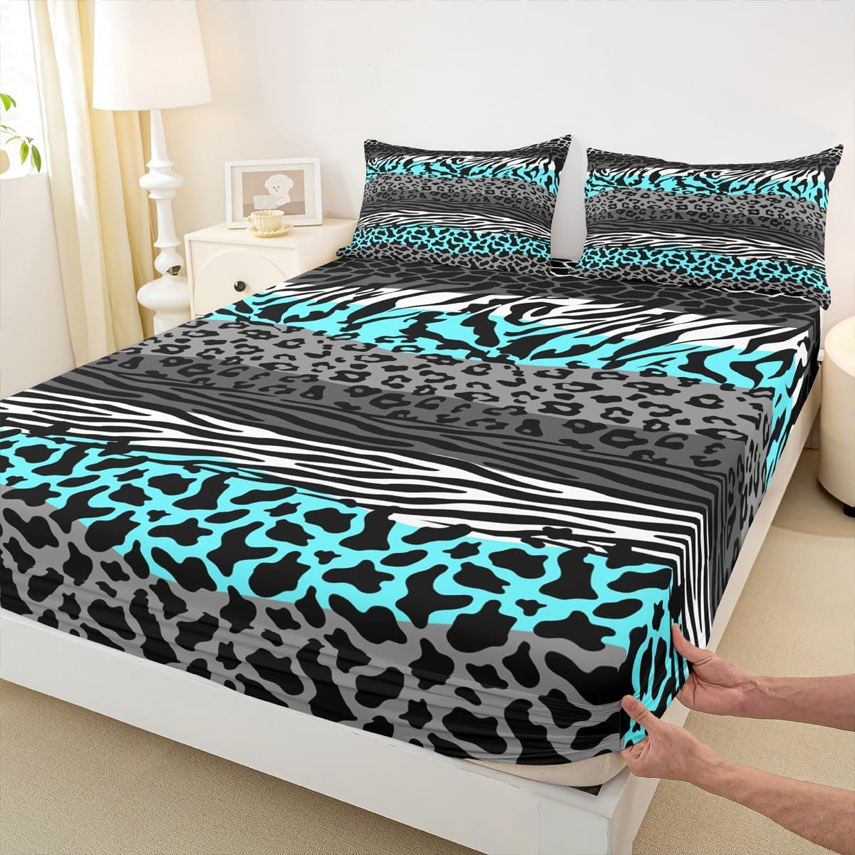 Giraffe Zebra Skin Texture Fitted Sheet Full Size,Tiger Fur Leopard Geometric Patchwork Bedding Set,Girls Women Room Decor,Cowhide Rustic Farmhouse Bed Cover,Teal Bed Sheet,2 Pillowcases