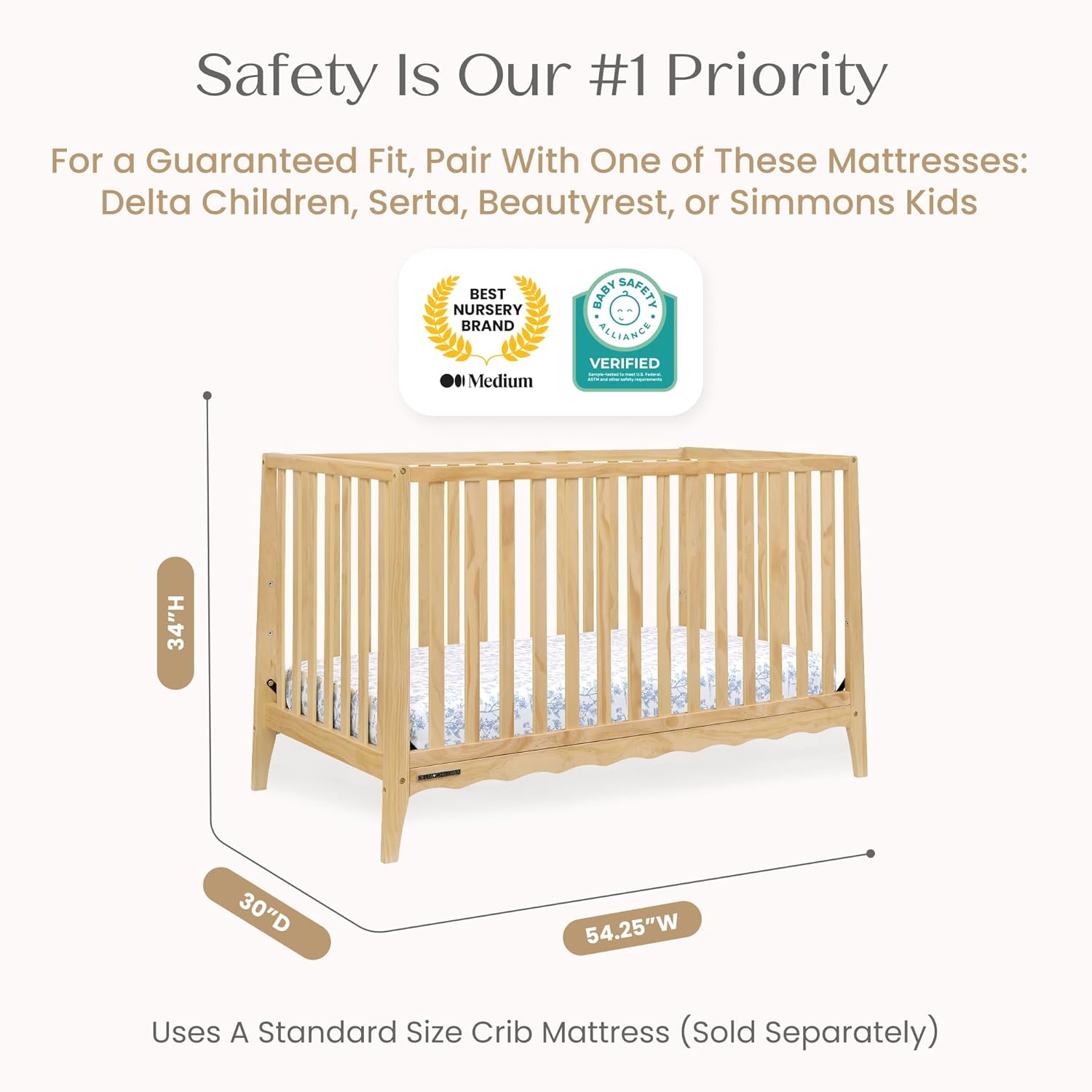 Delta Children Lulu 5-in-1 Convertible Crib, Converts to Toddler Bed, Daybed, Sofa & Full-Size Bed, Natural Wood, Fits Standard Crib Mattress, 3 Mattress Heights for Baby Nursery, Natural