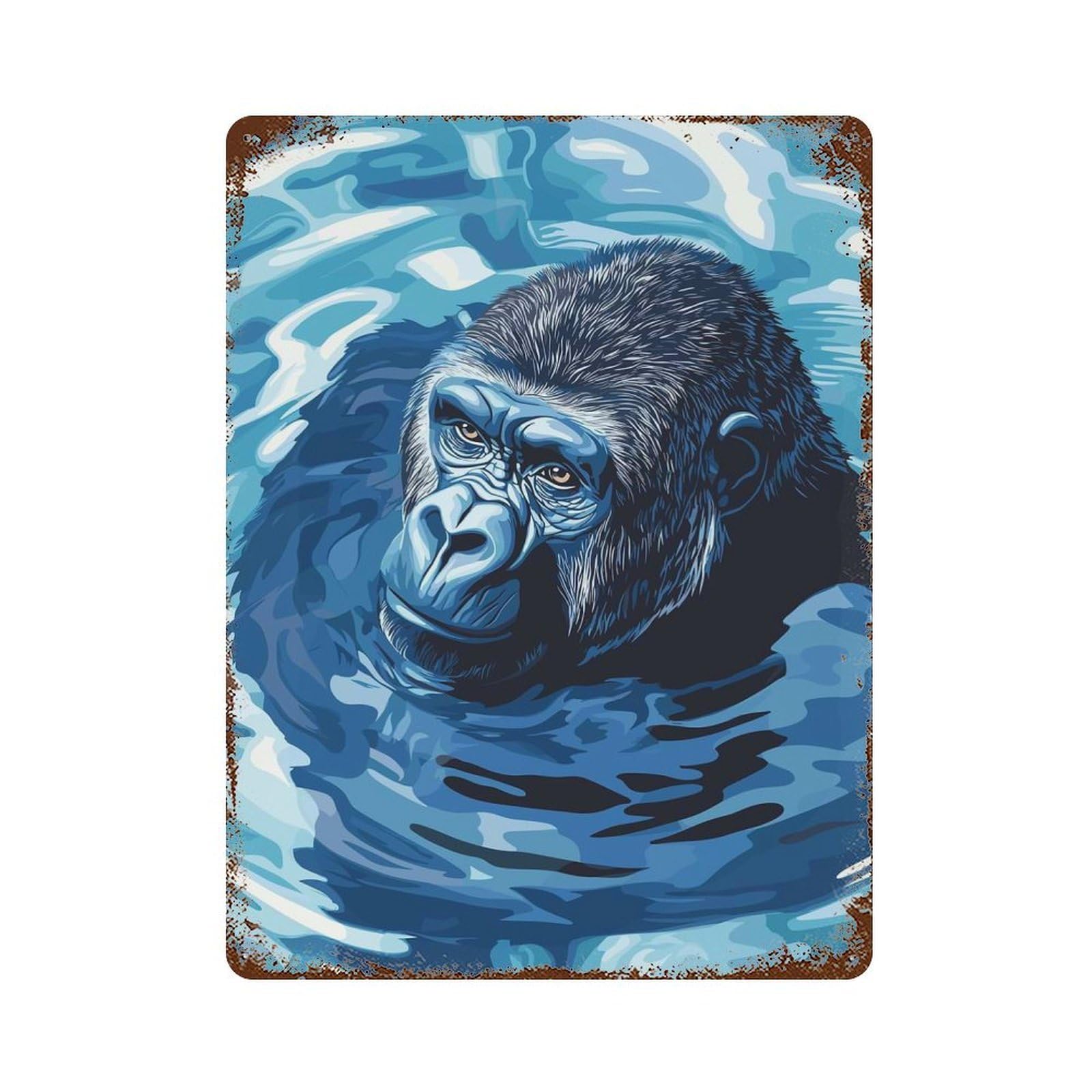 Blue Gorilla in Water Digital Art 15.7"x11.8" Vintage Rust Metal Sign, Shabby Chic Decor for Garage, Bar And Workshop Decor