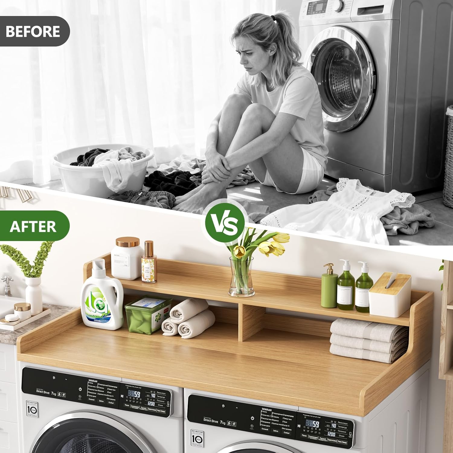 VOPEAK Washer and Dryer Countertop with Shelf, 2-Tier Washer Dryer Topper, 54" x 27.5" Spacious Laundry Countertop, Washing Machine Topper for Laundry Room Organization and Folding Clothes, Oak