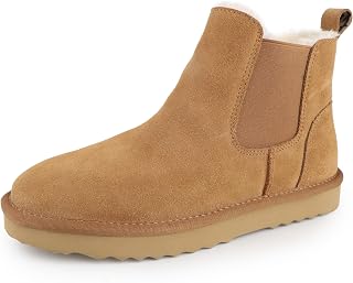 Chelsea Stiefel für Damen Bequem Winterstiefel Warme Gefüttert Schneestiefel Echtes Wildleder mit Kunstfell-Futter Damenstiefel Outdoor-Rutschfest Slip On Boots Kastanie Braun EU36-42