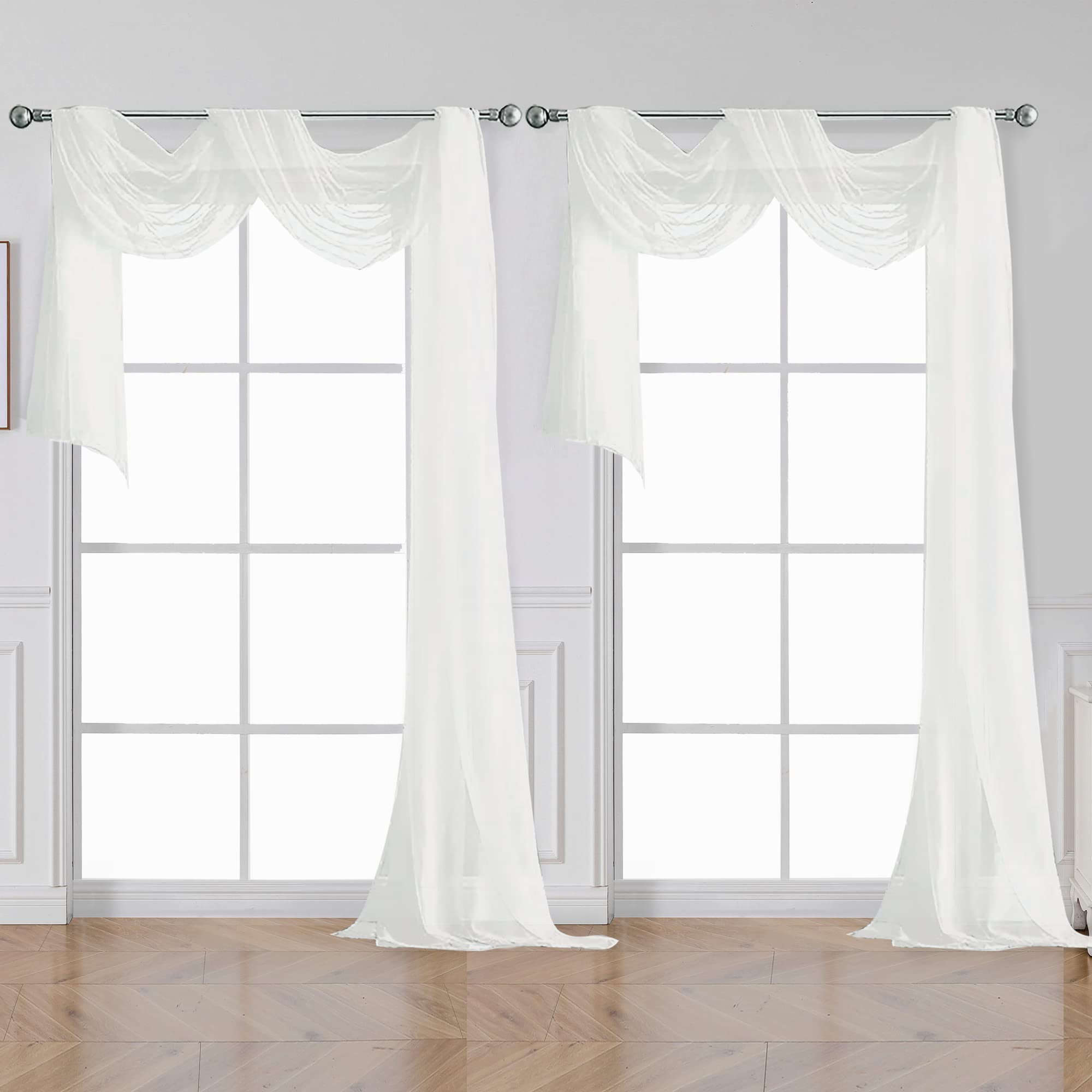 Ovzme White Sheer Window Curtains 144 Inch Extra Long 2Pcs, Airy Scarf Drapes Backdrop Translucent Window Treatments For Canopy Bed/Wedding/Living Room/Bedroom/Anniversary, 12Ft L