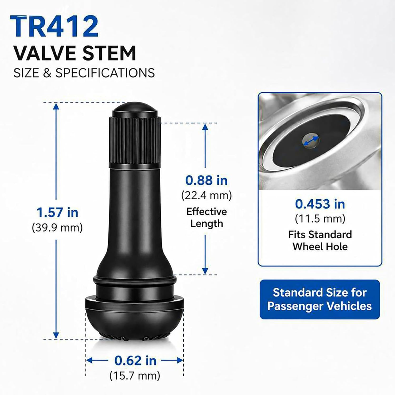 JUSTHERE 8 Pcs TR412 Rubber Snap-in Tire Valve Stems, Black Tire Valve Stem for Tubeless 0.453 Inch 11.5mm Rim Holes on Standard Vehicle Tires