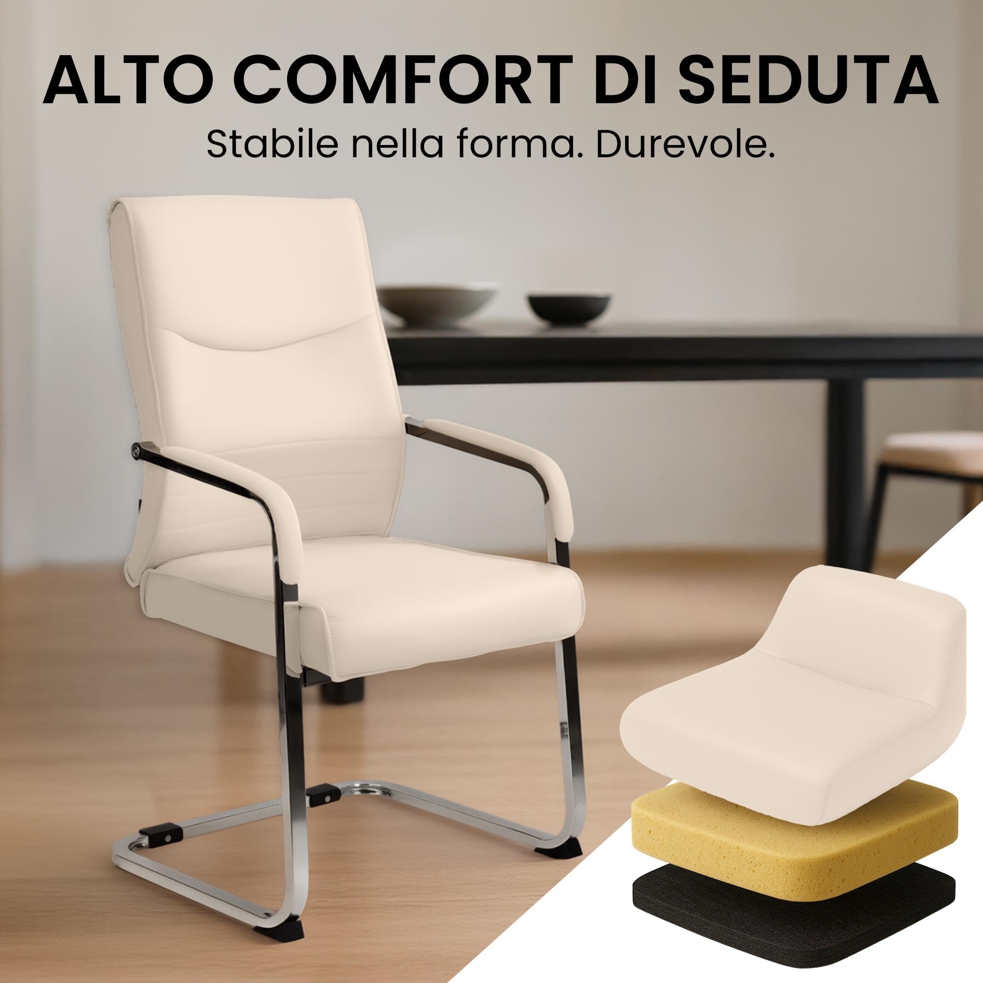 CLP Set di 2 sedie da pranzo ergonomiche Hobart, a sbalzo con braccioli imbottiti, struttura in metallo robusta, sedie da conferenza moderne, Colore:crema, Materiale:Ecopelle