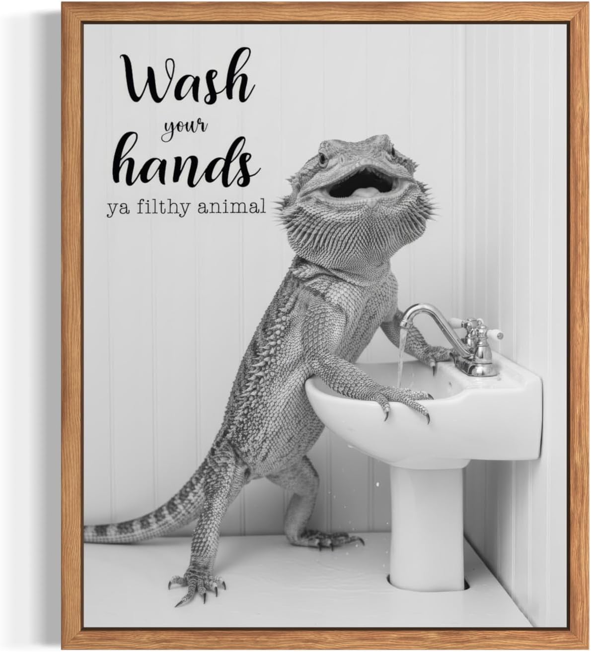 Bearded Dragon Wash your Hand Poster Framed Art Print, Animal Funny Humor Restroom Painting Wildlife Bathroom Bath Shower Wall Art Decor Nature A6 (Bearded Dragon Wash your Hand, 14"L x 11"W, Wood Frame)