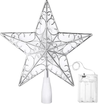 Nuanchu Large Christmas Star Tree Topper Ornament, Pattern, Silver White