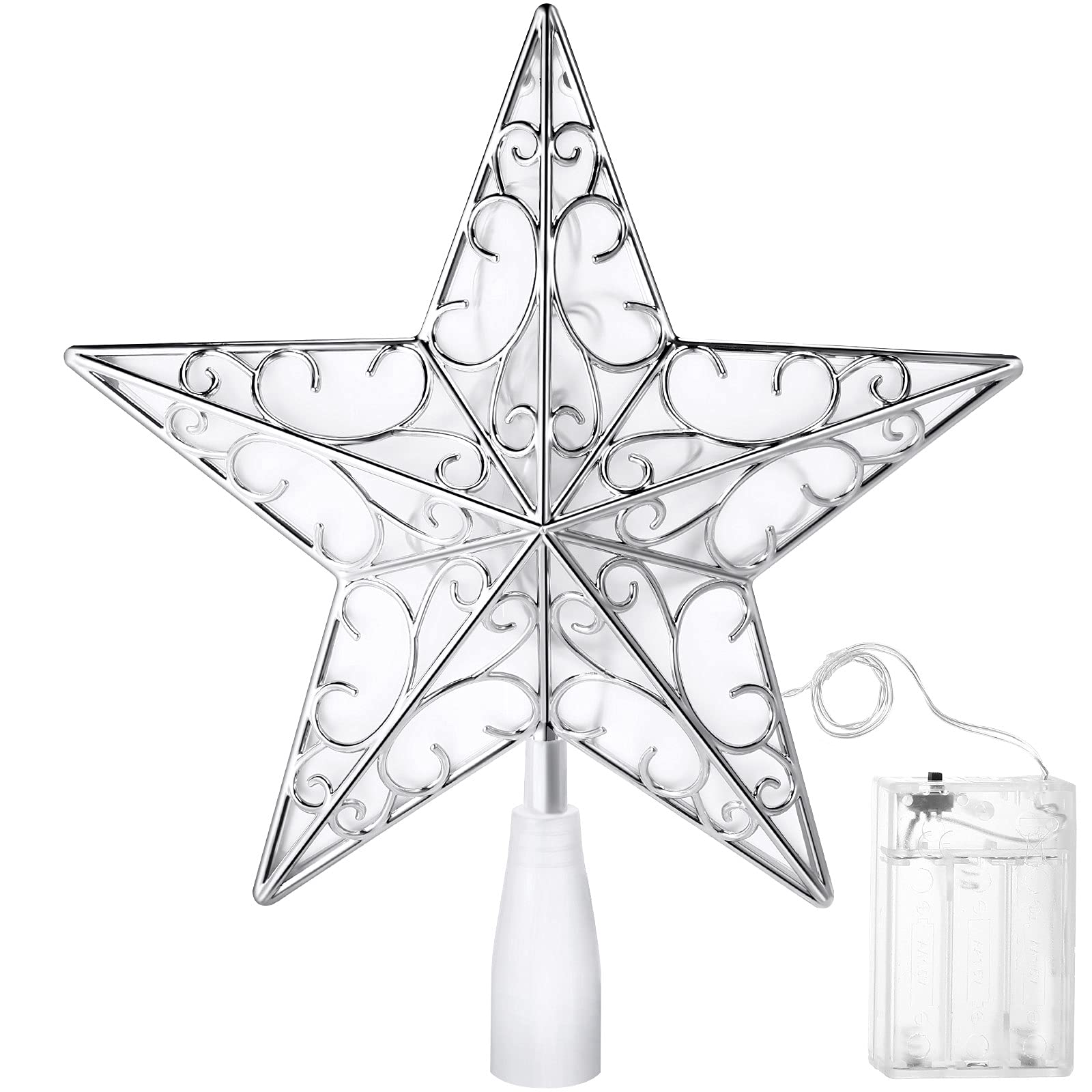 Nuanchu Christmas Star Tree Topper 10.4 x 9.4 Inch Glittered Christmas Star Tree Topper Ornament with 20 LED Lights Xmas Reflector Treetop Lighted Decorations(Silver White)