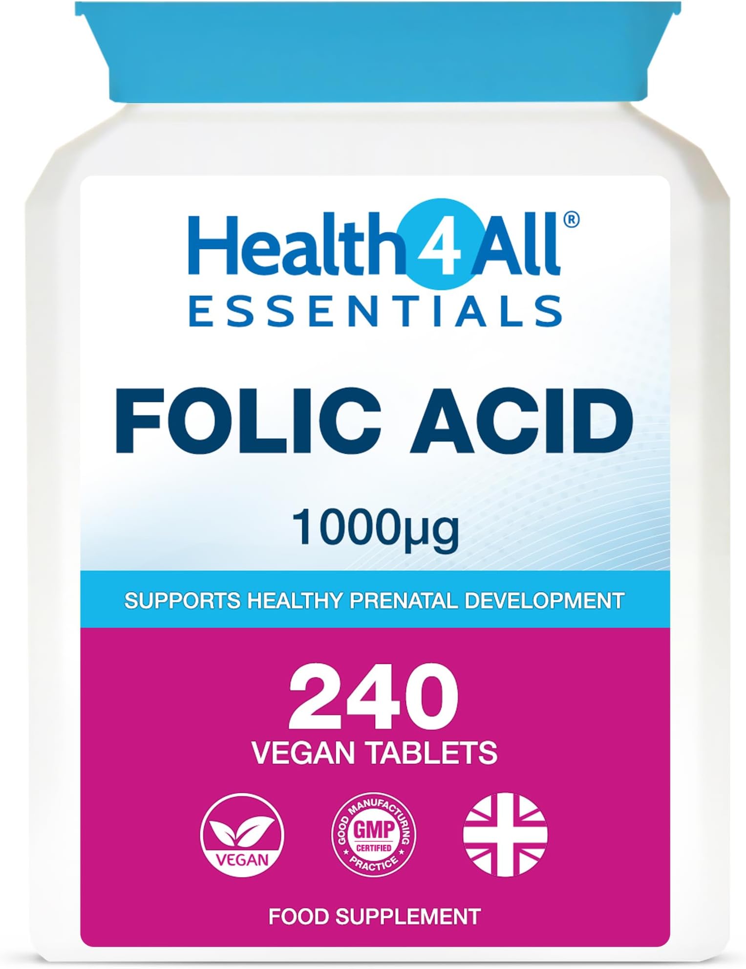 Folic Acid 1000mcg 240 Tablets, 8 Month Supply, Pregnancy & Energy Support