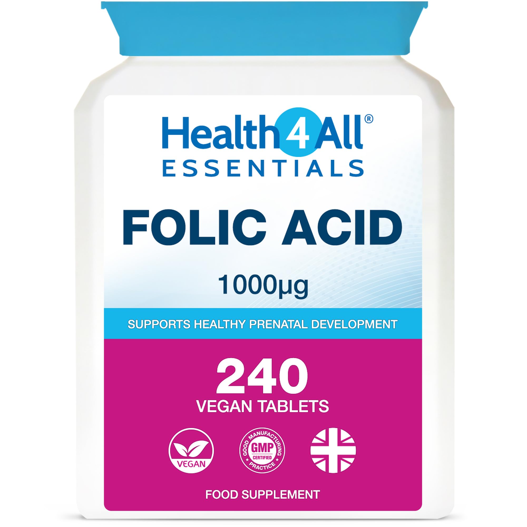 Health4All Folic Acid 1000mcg, 240 Tablets 8 Months Supply, Supports Healthy Prenatal Development, Reduce Tiredness & Fatigue, Normal Immune Response, High Strength Vegan Vitamin B9 | Made in UK