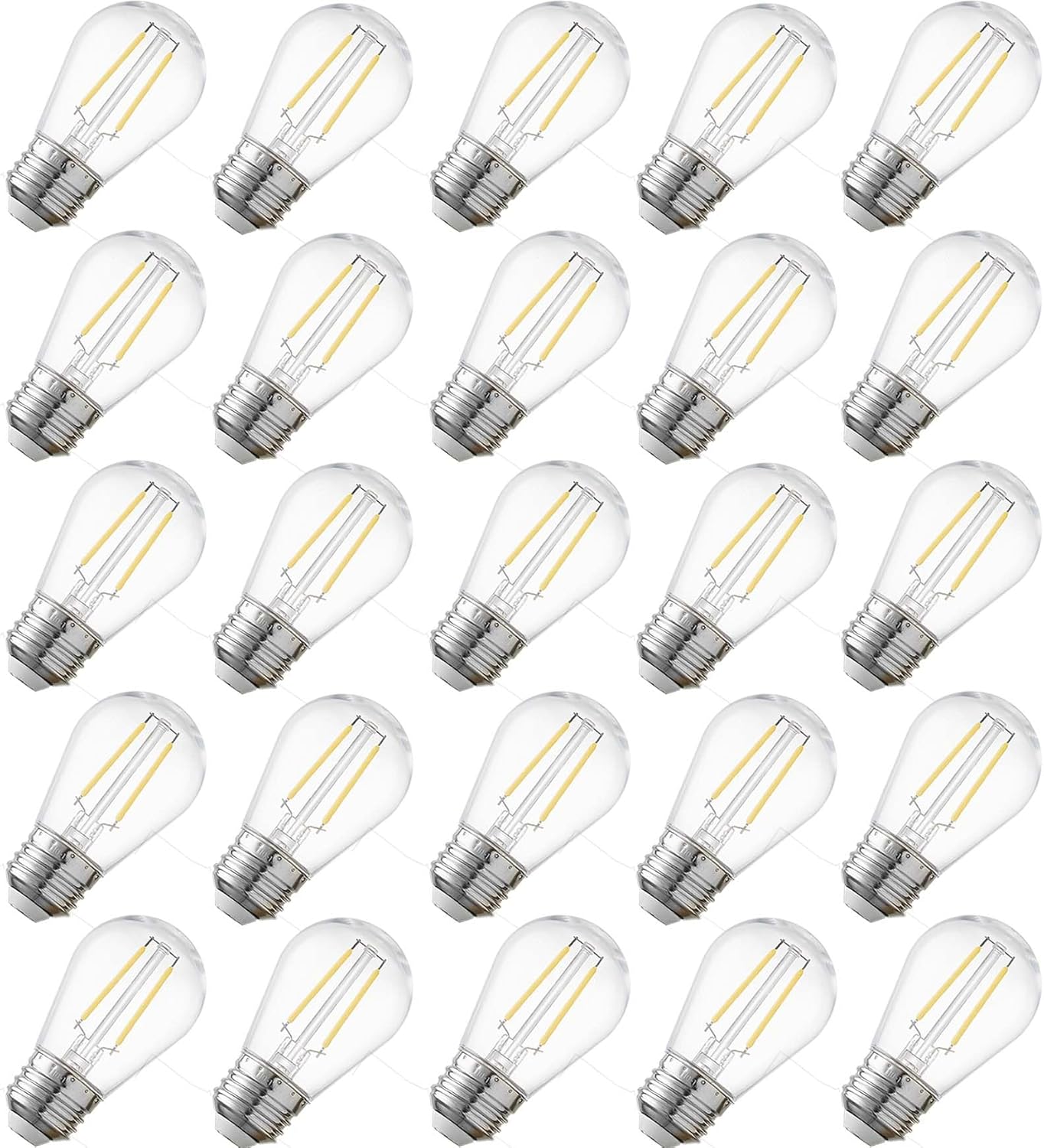 2W LED Light Bulbs, S14 LED Bulbs for Outdoor String Lights and Sputnik Chandelier, Shatterproof Waterproof Clear Plastic, 120V E26 Screw Base 2700K Warm White 25 Pack