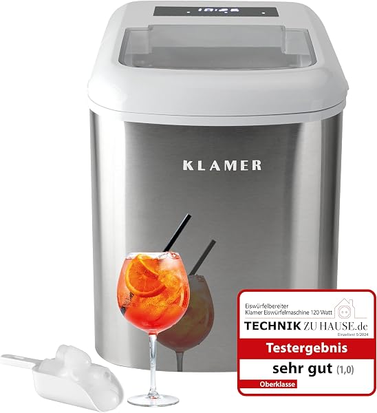 KLAMER Eiswürfelmaschine klein mit Eisschaufel & 2 Eiswürfelgrößen - 10 Eiswürfel in nur 7 Min, 15 kg Eiswürfel pro Tag - leiser Ice Maker mit Timer (silber) - 1