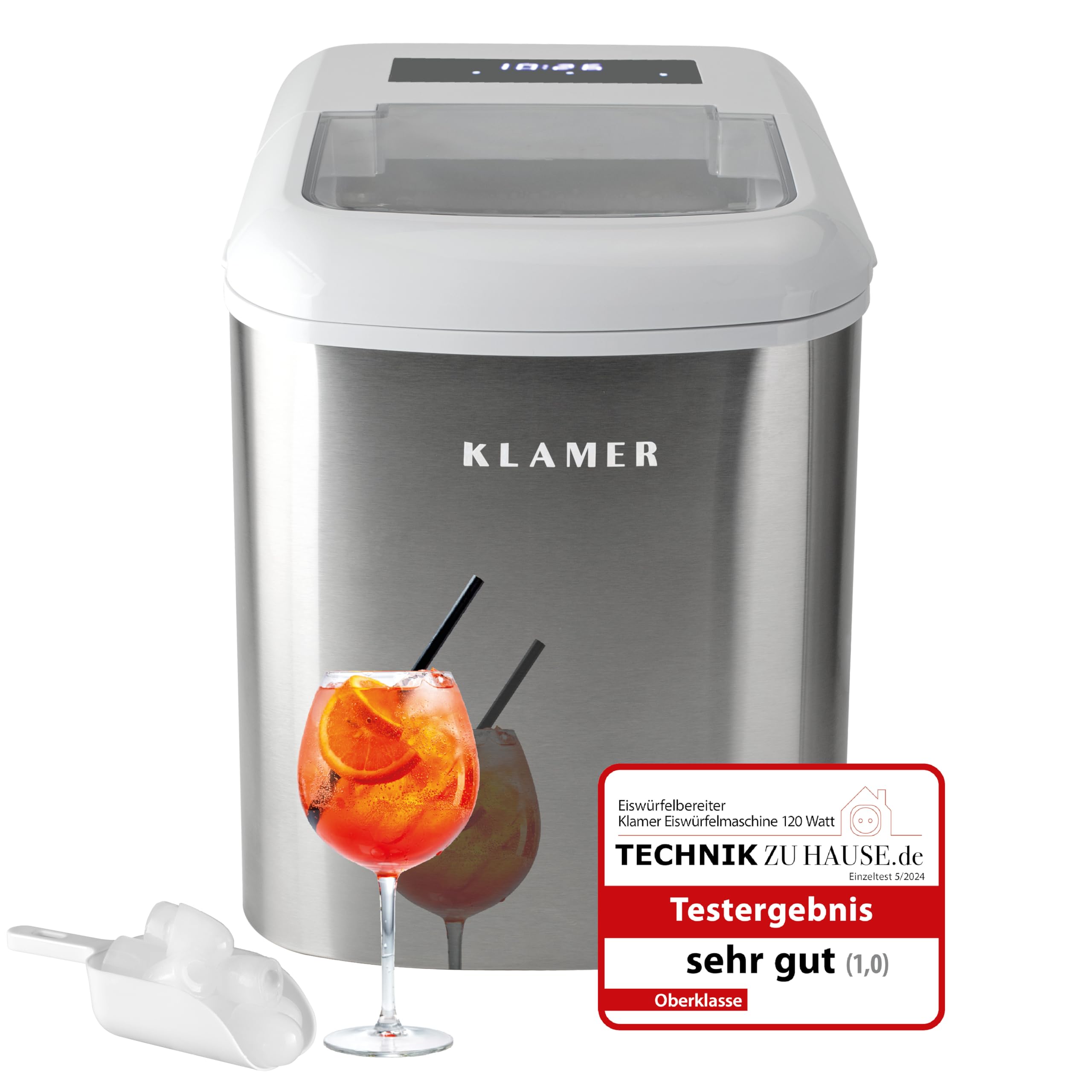 KLAMER Eiswürfelmaschine klein mit Eisschaufel & 2 Eiswürfelgrößen - 10 Eiswürfel in nur 7 Min, 15 kg Eiswürfel pro Tag - leiser Ice Maker mit Timer (Weiss)