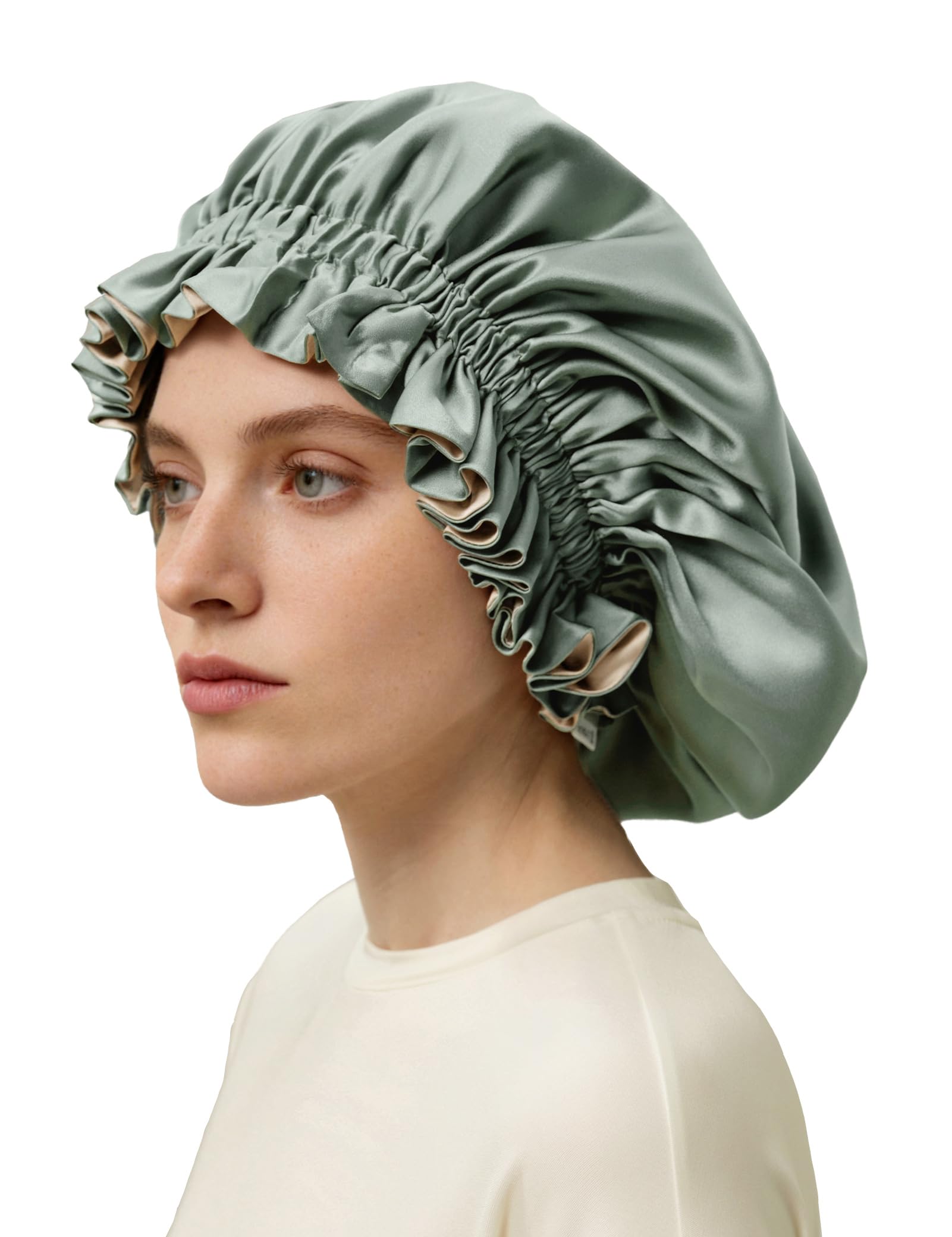 LilySilk 100% Maulbeerseiden-Schlafhaube für Damen – verstellbare Doppellagen-Wickelhaube für lockiges bis langes Dickes Haar mit beidseitig tragbarer Designs,Avocadogrün