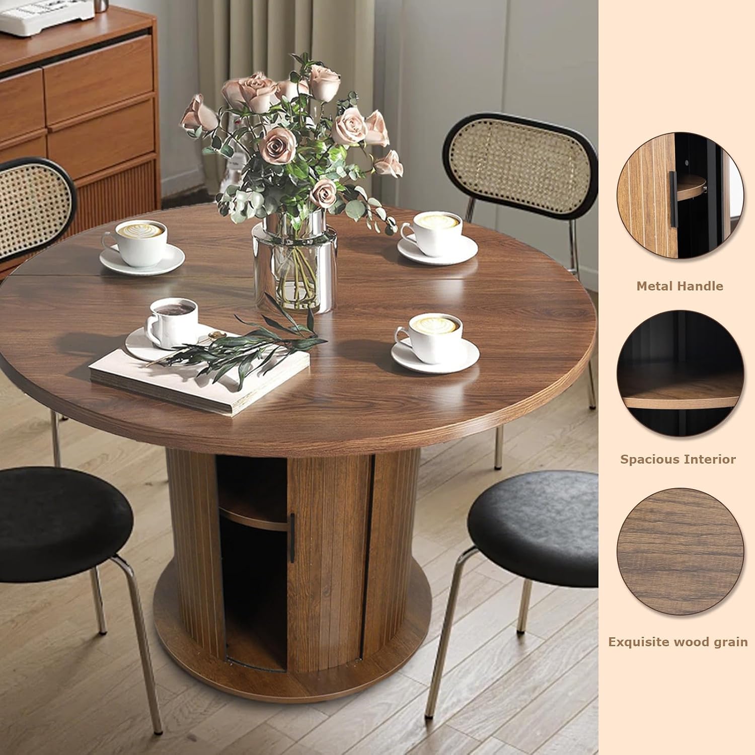 47" Round Dining Table for 4-6, Kitchen Table Dinner Table with 2-Layer Hidden Storage and Wood Slide Door,Space Saving for Small Spaces, Mid-Century Modern Circle Design(Brown)