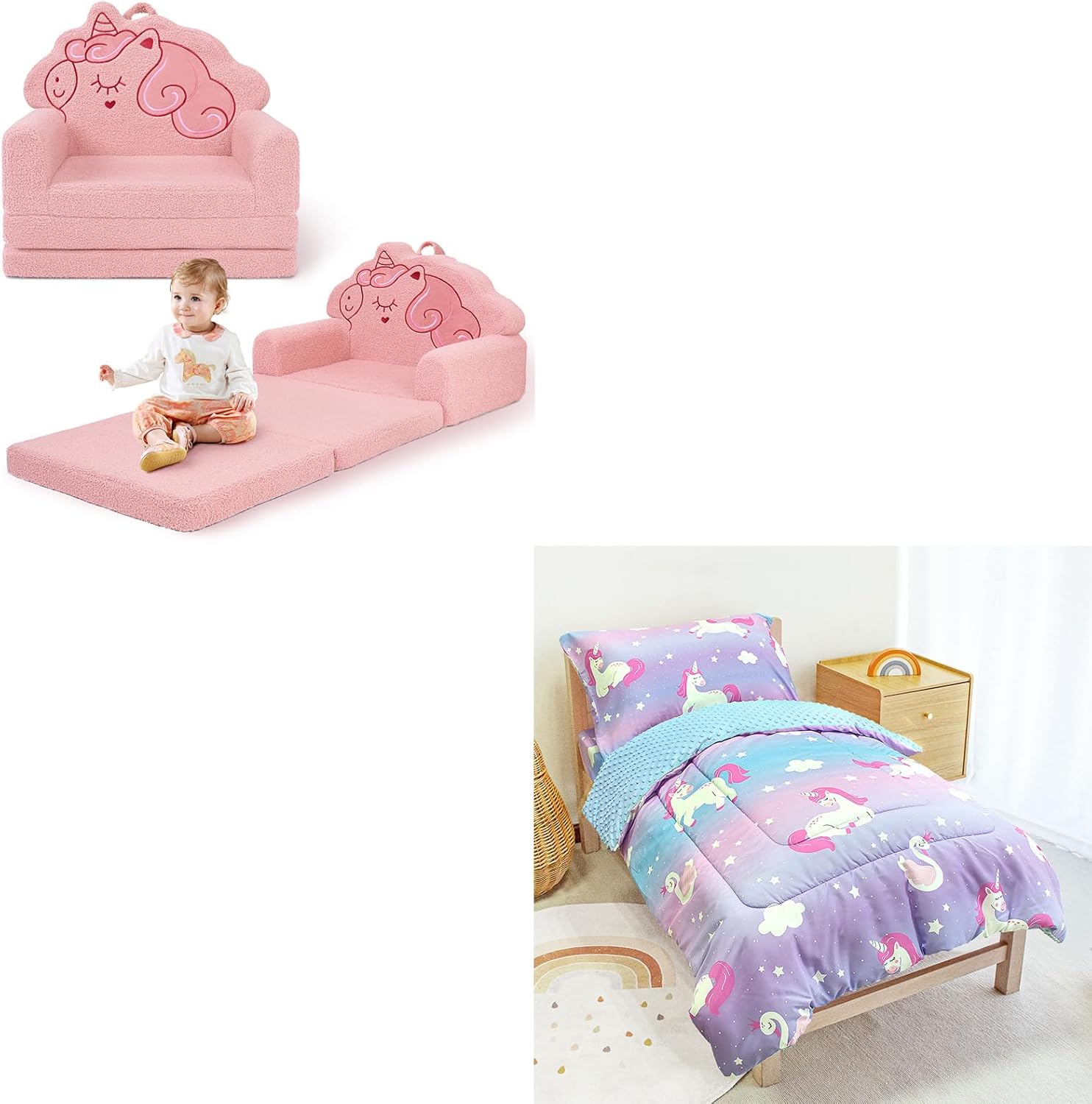 TinyPalsa Extra Large 53.1" x 23.6" Toddler Unicorn Sofa + 4 Pieces Unicorn Toddler Bedding Set
