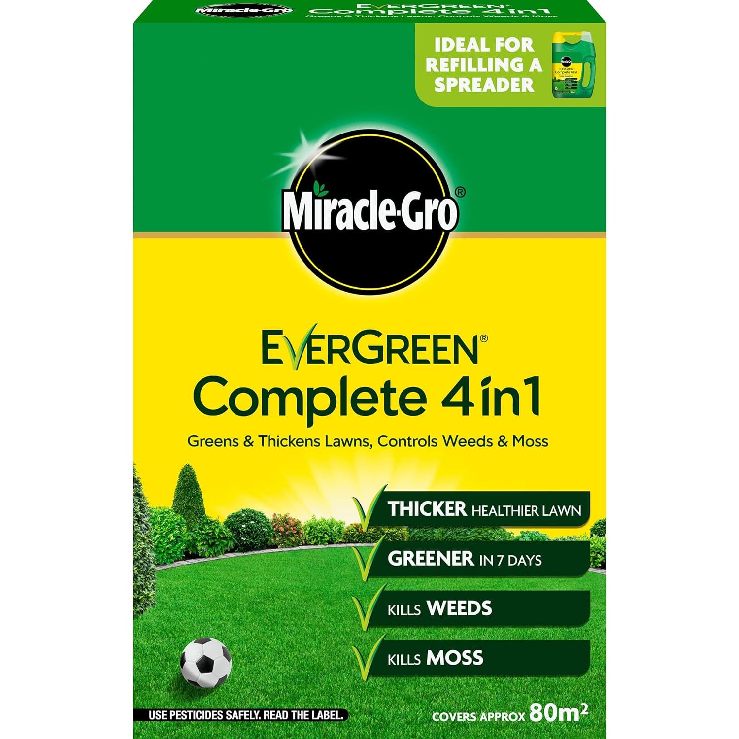 AMK® Miracle Gro Evergreen Complete 4 in 1 Lawn Treatment 80m2 Granules Feed Weed Moss Killer Care Spreader Required for Greener Thicker Grass Kills Weeds Mosses Garden Coverage Bag Box