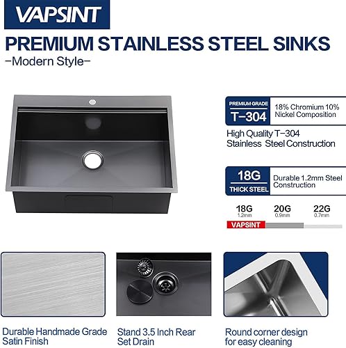 Miniatura 12 de VAPSINT Fregadero de bar de 21 x 20 pulgadas, color negro, calibre 16, acero inoxidable 304, hecho a mano, para cocina pequeña, al aire libre