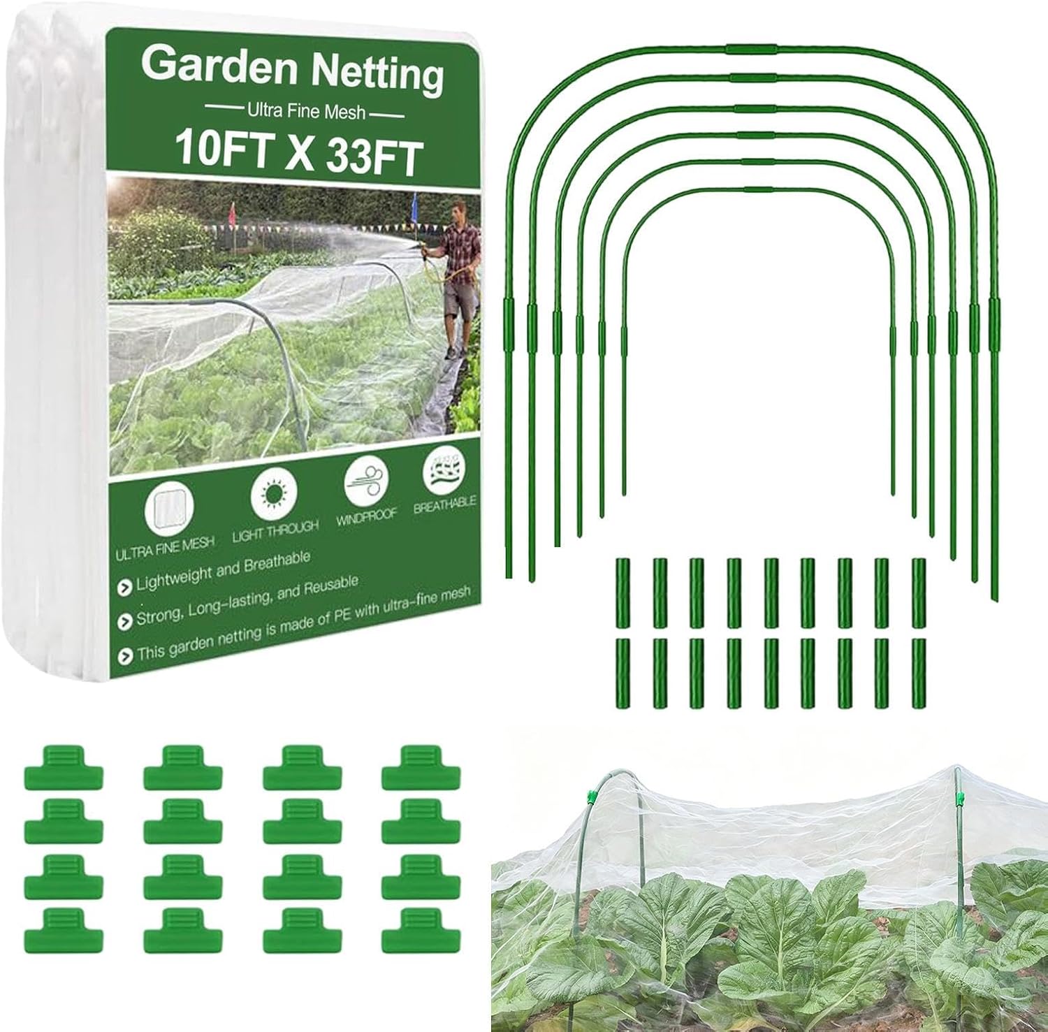 Genérico Garden Netting for Raised Beds | 3 x 10 m Net and Stake Set – with Clips Anti-Plant Netting for Greenhouse Vegetables Flowers Grass Blueberries Strawberries Gardening Patio