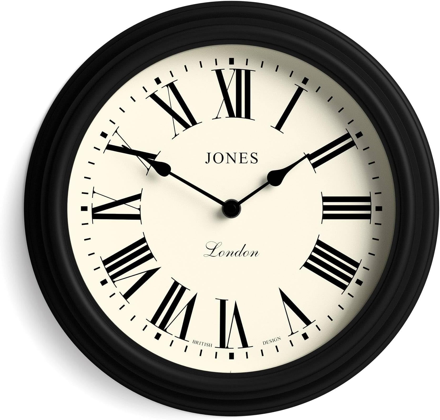 Jones Clocks® Venetian Wall Clock - Round Wall Clock - Classic Traditional Design - Designer Wall Clock - Kitchen Clock - Living Room Clock - Office Clock - Decorative Case (Black/Roman Numerals)