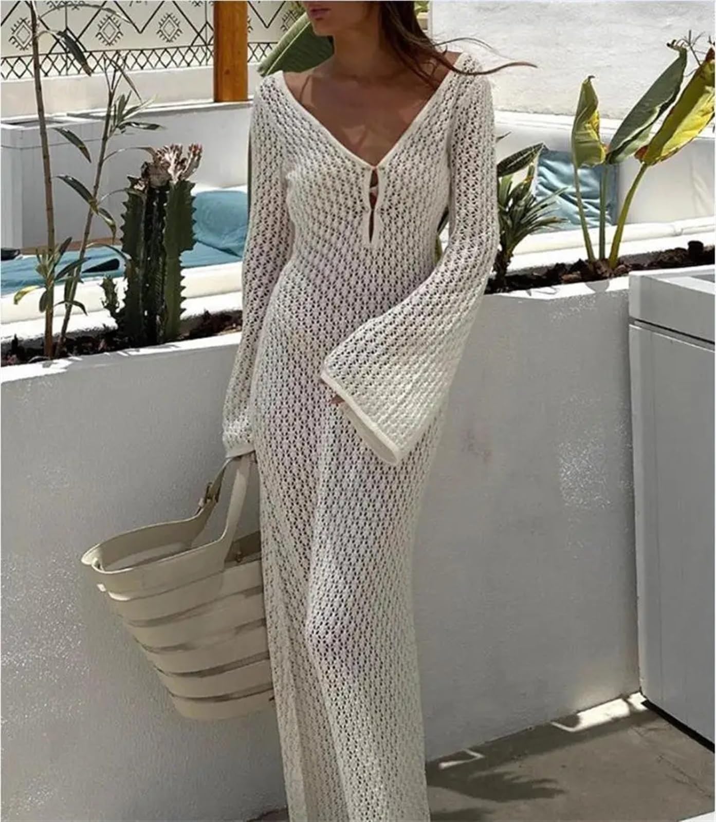 Vestido de Playa de Punto Largo for Mujer, Cuello en V Profundo, Manga Larga, Vestido de Bikini, Vestido de Vacaciones sin Espalda de otoño para Mujer(Brown,M)