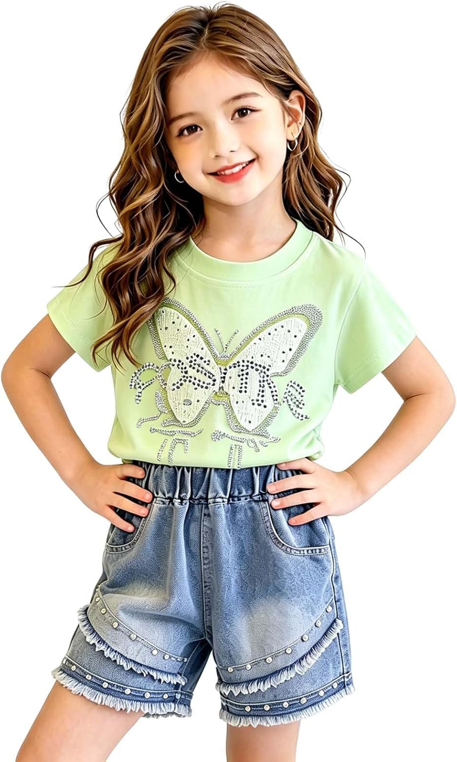 Girls Outfits with Butterfly Rhinestone Short Sleeve Top High Elastic Vintage Denim Shorts Summer Casual Outfits