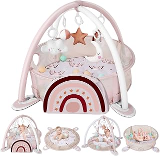 dearlomum 4-in-1 Baby Play Mat Gym with 30 Balls, 5 Sensory Toys & Kick Piano - Rainbow Activity Mat for Newborns & Toddlers