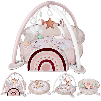 dearlomum Rainbow 4-in-1 Baby Play Mat Gym, with Ball Pit | Includes 30 Balls & 5 Learning Sensory Toys, Floor Gym Playmat for Newborn Infant Tummy Time, Ball Pit, Boy & Girl Gift